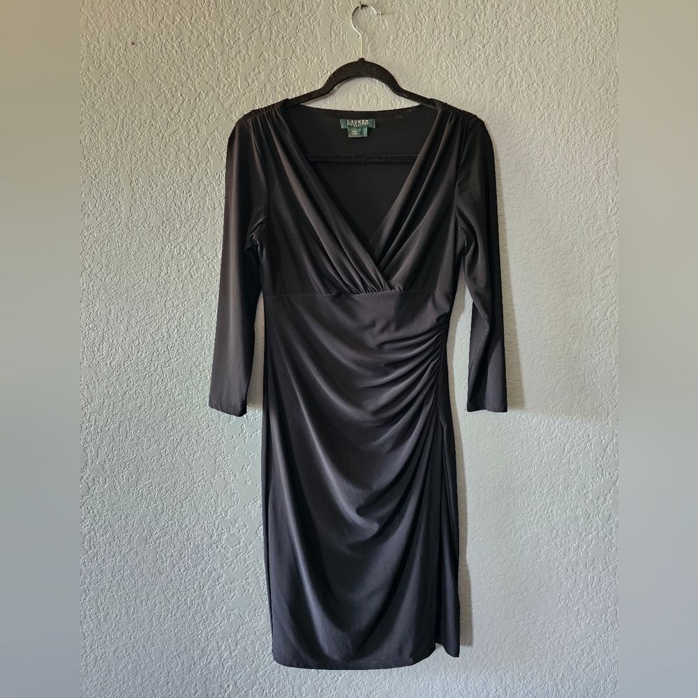 Ralph Lauren Black V-Neck Ruched Sheath Dress - Three-Quarter Sleeve Size 8